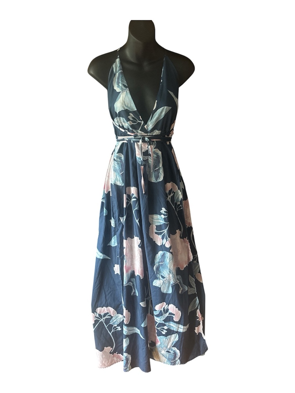 Yoins Navy Floral Halter Maxi Dress Size M